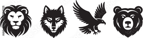 Collection of four stylized animal heads and an eagle in flight silhouette
