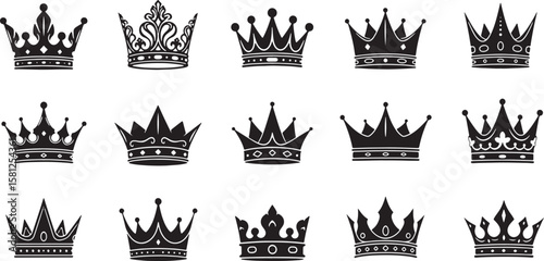 Collection of diverse black royal crowns and tiaras isolated on white background isolated on transparent background silhouette