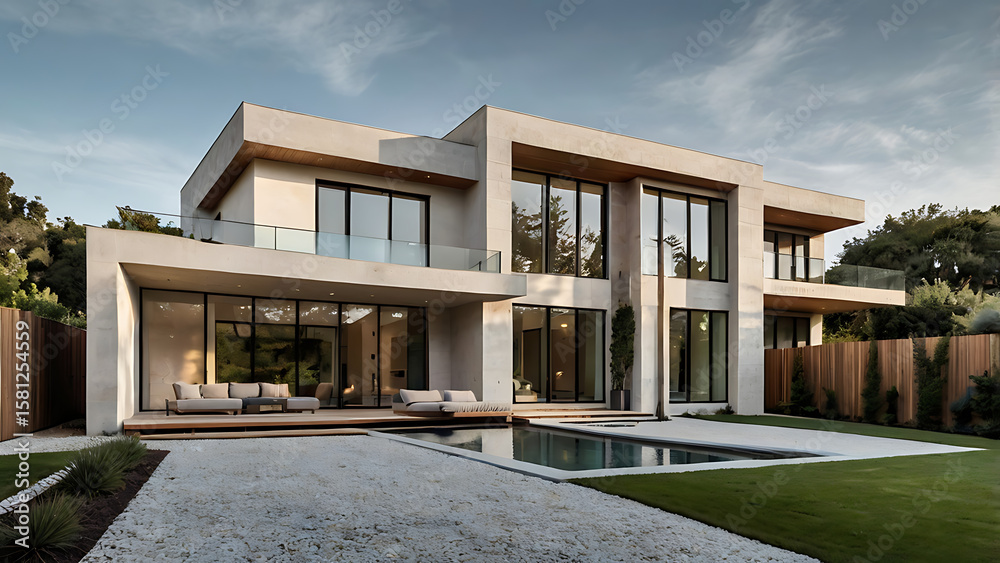 Fototapeta premium Modern house in the park, sky, facade, roof, estate, window, new, residential, apartment, property, real, luxury, 32K Revolutions 