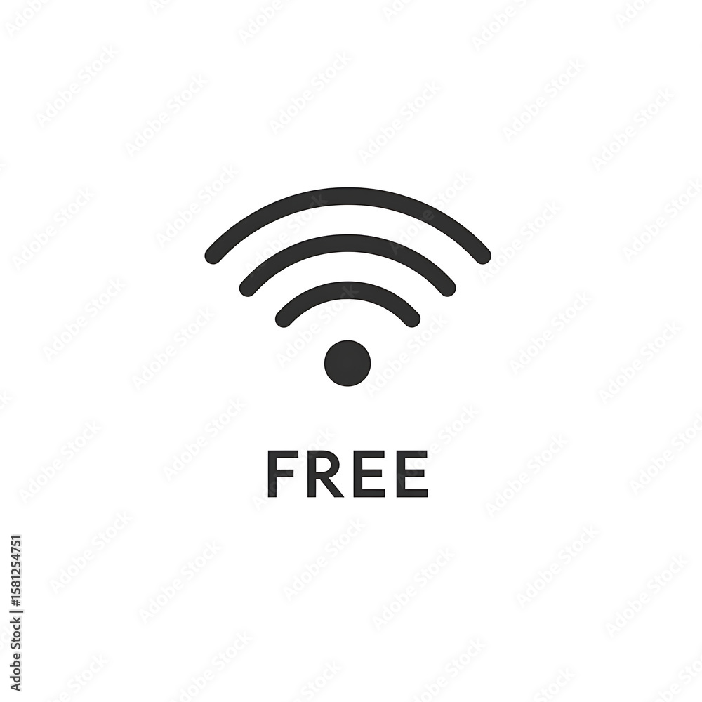 Free connectivity: Wifi symbol displayed against a white background, indicating complimentary wireless internet access available in public or private spaces. Free connectivity: Wifi symbol displayed against a white background, indicating complimentary wireless internet access available in public or private spaces.