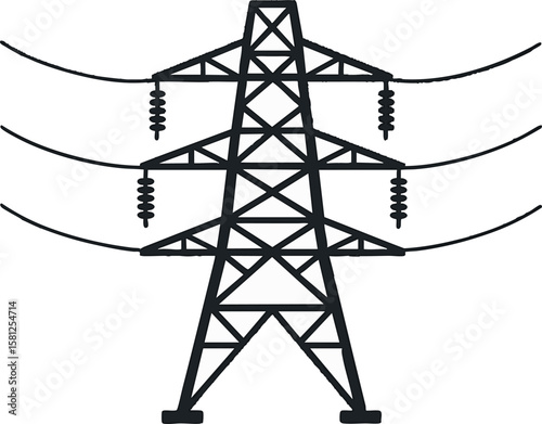 Flat vector three-phase power transmission tower (HV pylon) with insulators and cables, isolated on white