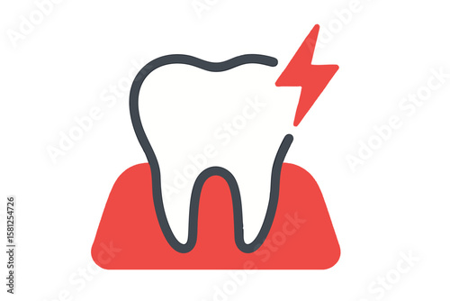 Flat vector tooth pain icon with red thunder symbol and inflamed gums, oral problem visualization, isolated on white