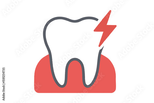 Flat vector tooth pain icon with red thunder symbol and inflamed gums, oral problem visualization, isolated on white