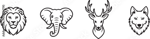 Collection of stylized animal heads including lion elephant deer and wolf silhouette