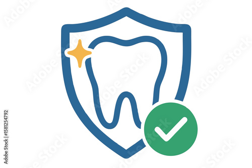 Flat vector tooth surrounded by shield with check mark and sparkle, protection and care metaphor, isolated on white