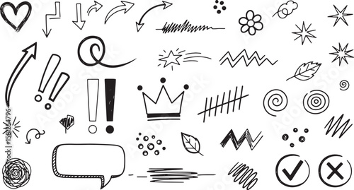Collection of hand drawn doodle elements including arrows hearts stars and punctuation isolated on white background isolated on transparent background silhouette