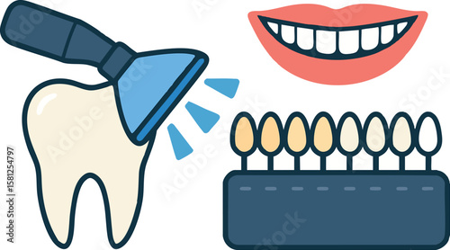 Flat vector tooth whitening procedure with UV lamp and smile scale, cosmetic dentistry, isolated on white