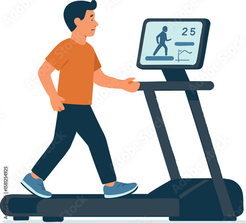 Flat vector treadmill user walking with digital screen showing progress, isolated on white