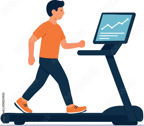 Flat vector treadmill user walking with digital screen showing progress, isolated on white