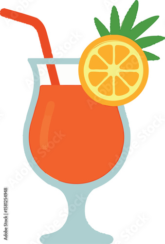 Flat vector tropical drink with fruit garnish and straw, beach cocktail icon, isolated on white