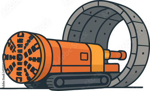 Flat vector tunnel boring machine with segmented tunnel wall behind, infrastructure development, isolated on white