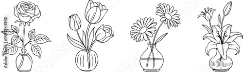 Four different floral arrangements in vases line art silhouette