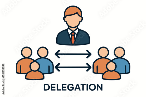 Flat vector two-way arrows connecting teams and leader, flat concept of delegation, isolated on white