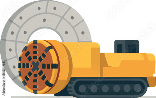 Flat vector tunnel boring machine with segmented tunnel wall behind, infrastructure development, isolated on white