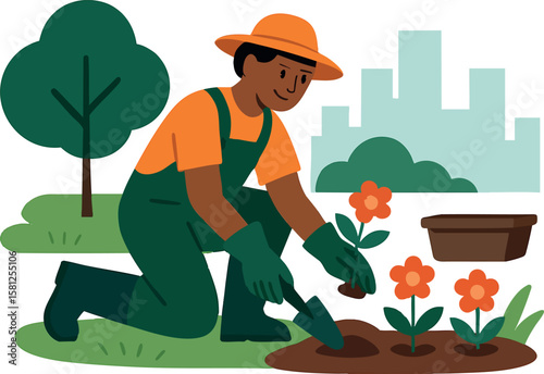 Flat vector urban gardener planting flowers in public park, community worker, isolated on white