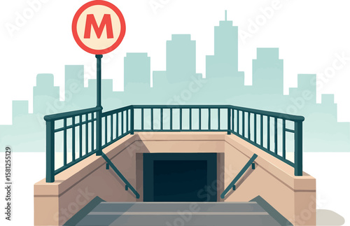 Flat vector urban subway station entrance with metro sign and stairs, flat city system, isolated on white