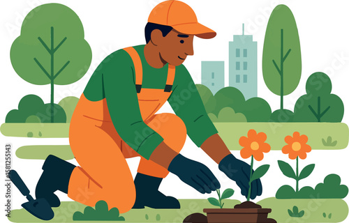 Flat vector urban gardener planting flowers in public park, community worker, isolated on white