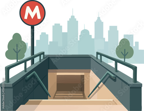 Flat vector urban subway station entrance with metro sign and stairs, flat city system, isolated on white