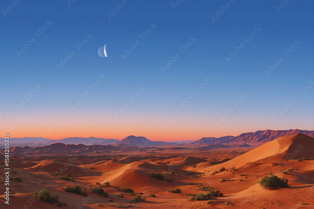 Fototapeta premium Expansive Desert Landscape at Sunset with Rolling Sand Dunes and a Crescent Moon in a Vivid Blue Sky Orange and Red Hues Dominate the Sand