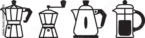 Collection of four coffee brewing devices in simple black and white silhouette style