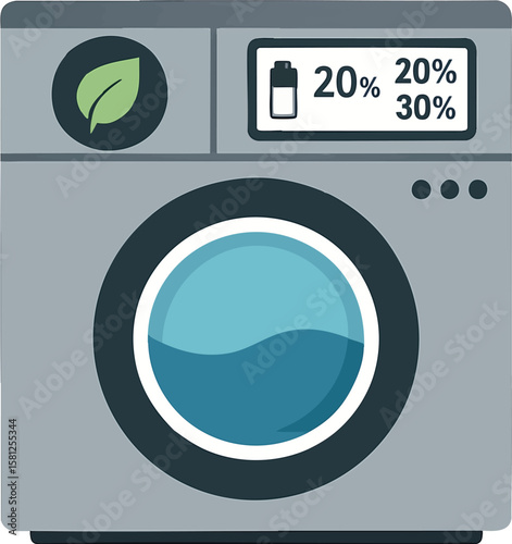 Flat vector washing machine with eco water cycle icon and low usage stats, isolated on white