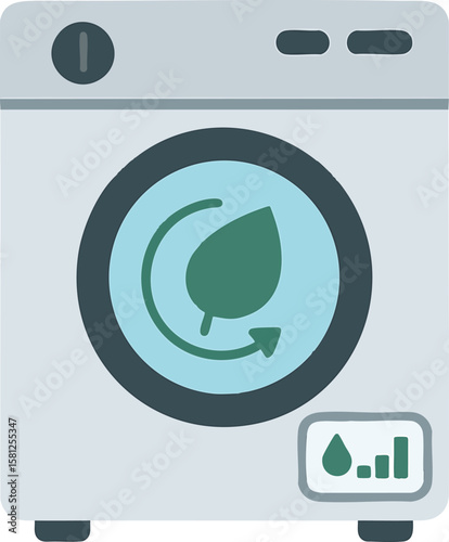 Flat vector washing machine with eco water cycle icon and low usage stats, isolated on white