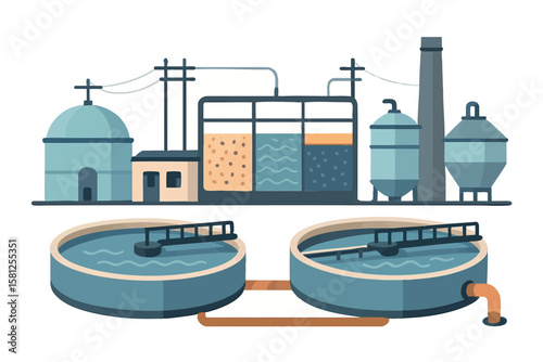 Flat vector wastewater treatment plant with tanks and filtration units, utility infrastructure, isolated on white