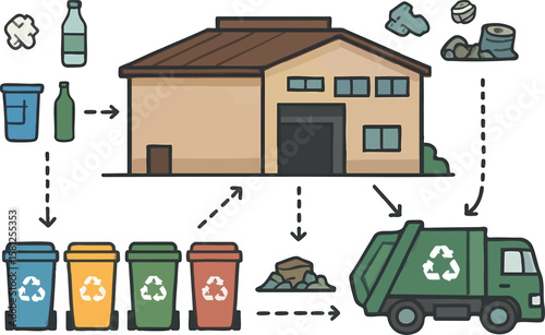 Flat vector waste management center with recycling bins, garbage truck and material flow, isolated on white