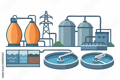 Flat vector wastewater treatment plant with tanks and filtration units, utility infrastructure, isolated on white