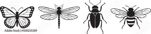 Collection of four insect silhouettes including a butterfly dragonfly beetle and bee