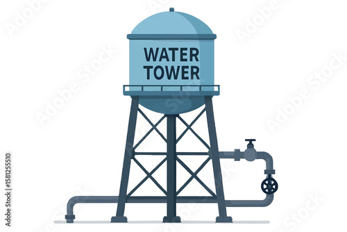 Flat vector water tower on support legs with pipeline connections, municipal utility, isolated on white