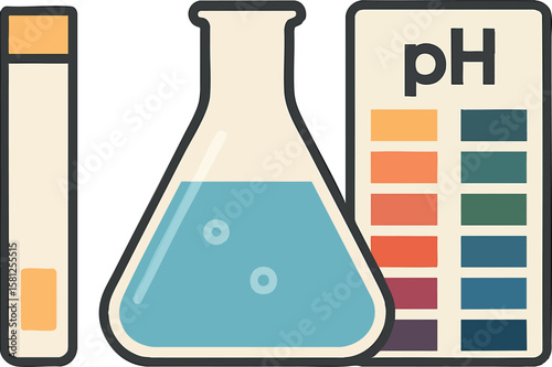 Flat vector water testing kit with pH strip, lab flask and color chart, clean water science, isolated on white
