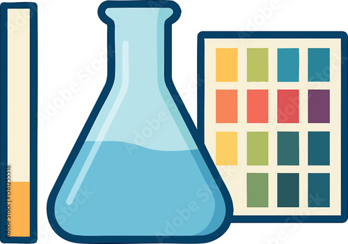 Flat vector water testing kit with pH strip, lab flask and color chart, clean water science, isolated on white