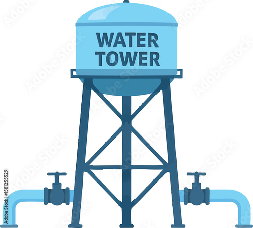 Flat vector water tower on support legs with pipeline connections, municipal utility, isolated on white