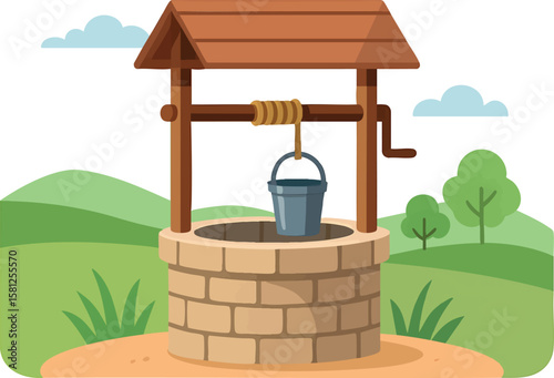 Flat vector water well with rope and bucket in rural landscape, traditional resource, isolated on white