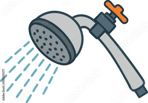 Flat vector water-saving shower head with pressure-reducing valve, isolated on white