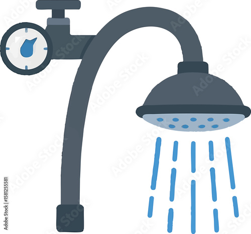 Flat vector water-saving shower head with pressure-reducing valve, isolated on white