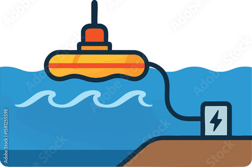 Flat vector wave energy generator floating in ocean with cable to land, isolated on white