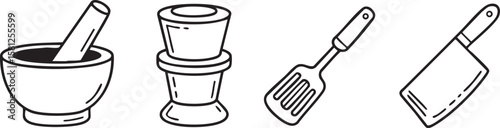 Collection of kitchen utensils including a mortar and pestle a grinder a spatula and a cleaver silhouette