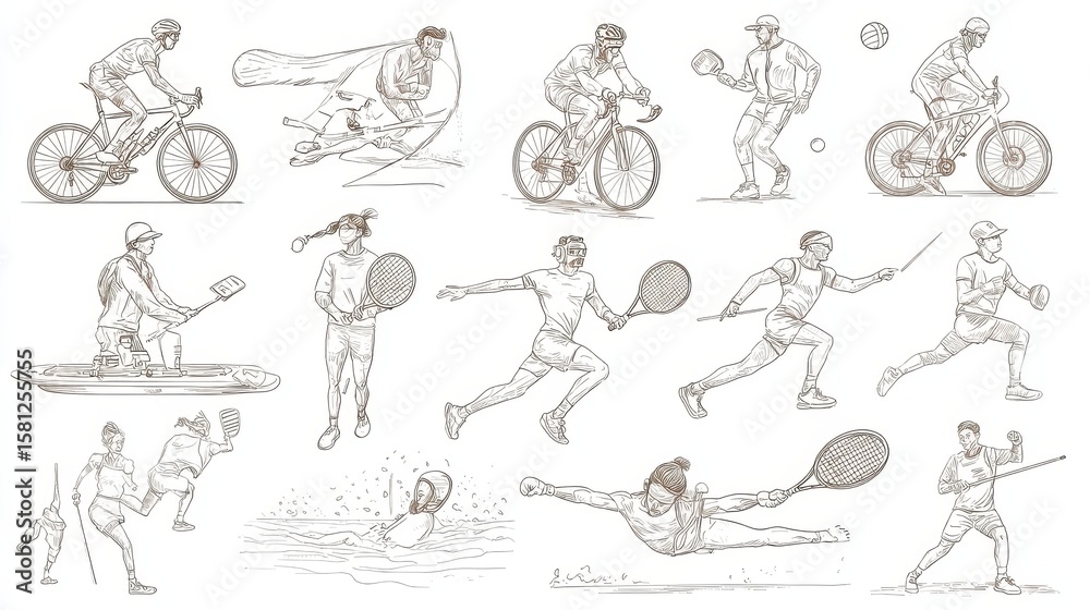 Fototapeta premium Linear vector isolated illustration set of sport and leisure people. Cycling experiences, Adventure sport motorsport, outdoor recreational activity badminton, Boxing, Snorkeling swimming, Martial Art