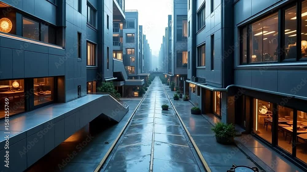 Urban exploration captures a modern city street with impressive building facades on a rainy day creating an atmospheric mood