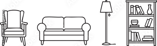 Living room furniture set with armchair sofa floor lamp and bookshelf silhouette