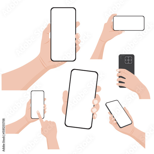 Set of hands holding mobile phones with blank screen. Vector illustration.