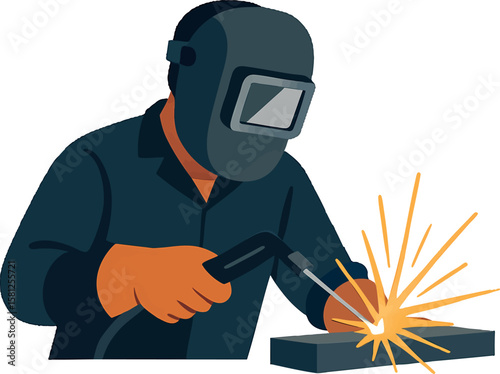 Flat vector welder with protective mask and sparks flying, metalwork specialist, isolated on white