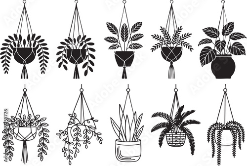 Collection of diverse hanging potted plants in silhouette style