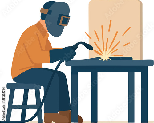 Flat vector welding station with sparks and safety shield, industrial work scene, isolated on white