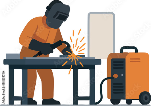 Flat vector welding station with sparks and safety shield, industrial work scene, isolated on white