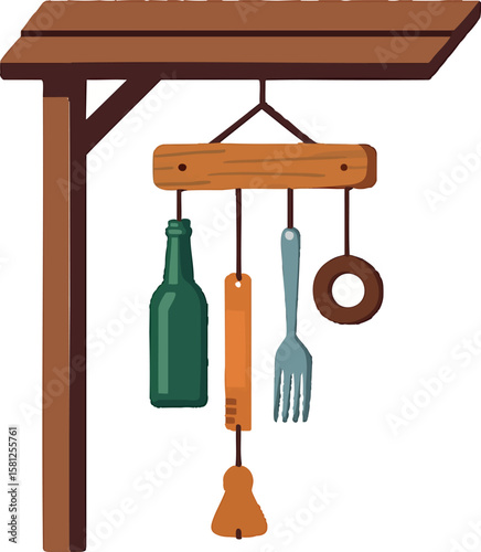 Flat vector wind chime made from upcycled materials hanging on porch, creative reuse, isolated on white