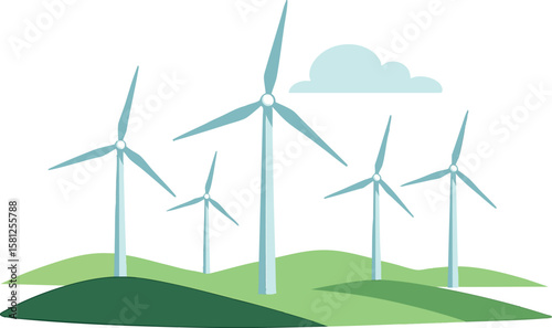 Flat vector wind energy farm with multiple turbines on horizon and minimal landscape, isolated on white