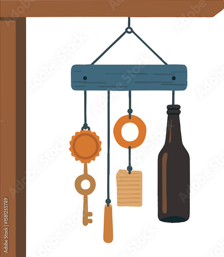 Flat vector wind chime made from upcycled materials hanging on porch, creative reuse, isolated on white